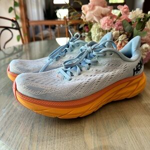 Hoka Sky Blue and Tangerine Athletic Shoes Clifton 8 Running sneakers